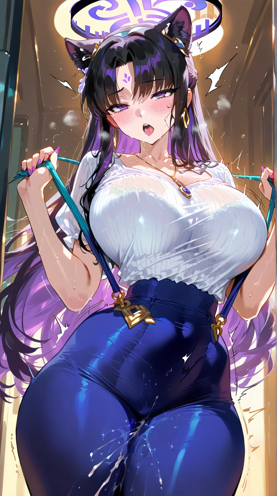 (make a girl wearing a dress made of many sapphires), (masterpiece:1.4), high quality, high definition, sharp focus, detailed face, anime, best quality, 4k, 8k, absurd resolution, intricate detail, detailed hands, detailed eyes, animation, illustration, highly detailed, highres, extremely detailed, <lora:ETO_OCC002:0.7> ETO_OCC, black hair, curly hair,longhair, thick eyebrows, <lora:hyperdenoiser_v090:0.6>, (looking at viewer:1.6), (plump), (curvy), (thick), (hazel eyes:1.3), (parted bangs:1.4), <lora:mesugaki-10:0.6>, smiling,  smug, <lora:ETO_OC:0.2> ETO-OC, <lora:sensualface_type1:0.6>, gasping, ecstasy, seductive smile, (1girl:1.4), <lora:pinup_resize:0.8>, jewellery, bracelet, hair ornament, bare shoulders, flower, necklace, armlet, <lora:sapphire-gem-style-darquelilly-v3:0.9> sapphiregemstyle, gem, crystal, reflection, sapphire, gradient, shiny, gradient background, crystal, colourful, light particles, eye focus, lens flare, glint, transparent, (glitter dress:1.4), <lora:crystalline_dress-1.0:0.7> crystalline dress, (blue dress),