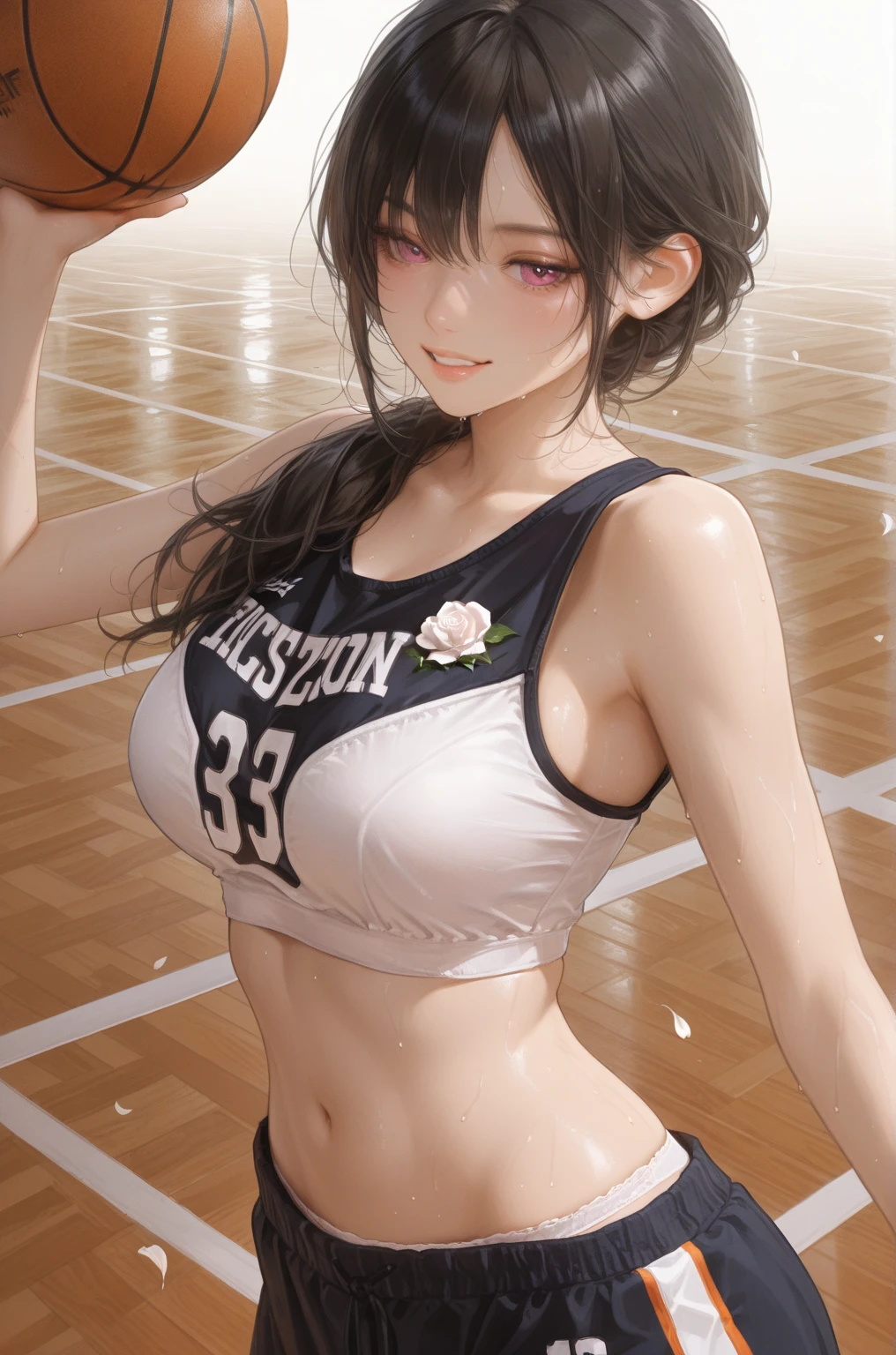 masterpiece, highest quality, pixiv, cool girl, the strongest sports girl, basketball, Popular Characters, baseball cap, Stylish sunglasses, Cute bra and panties, dark brown hair, curly hair, dull bangs, straight bangs, gray eyes, white skin, gal, Improve