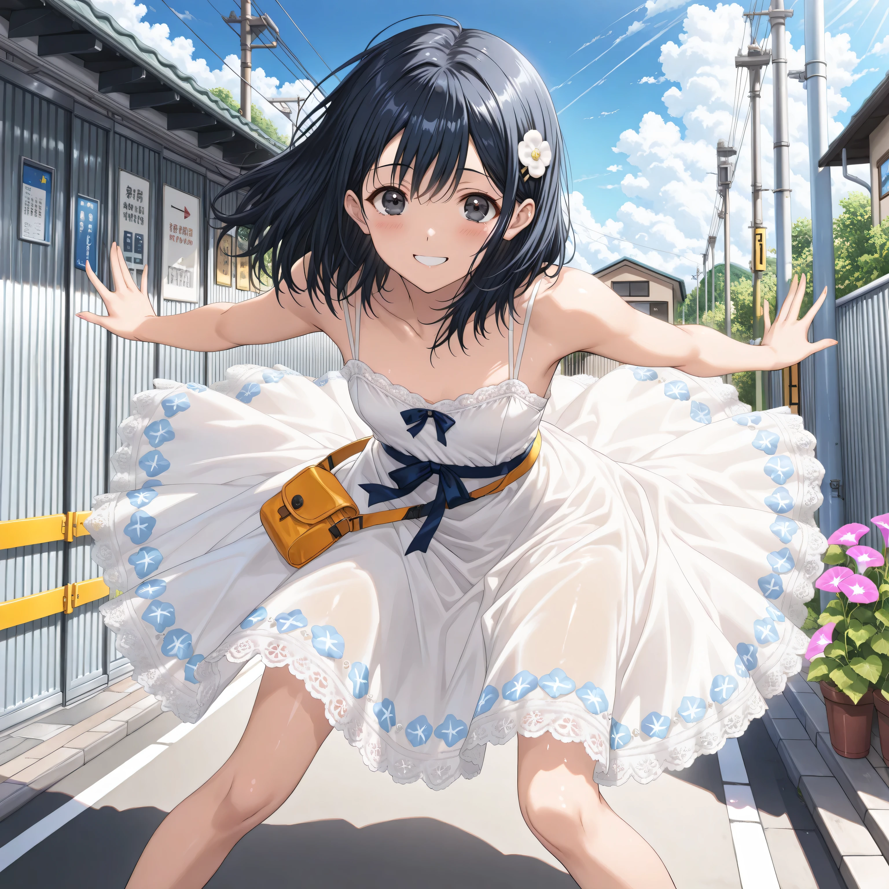 solo, good_hands, (crouching towards the viewer)、anime、(A beautiful woman who is petite and has a small chest)、(Black hair with blue black hair)、(straight, long, medium hair)、Dark Eyes、(the skin is fair)、wearing a thick blue bar-shaped hairpin on her head、(standing on the street with a gentle smile:1.2)、(My face is tilted to the right:1.3)、detailed facial depiction、(pure white silk dress)、(A dress that is sleeveless and hangs with straps to accentuate the shape of the chest)、, the skirt is decorated with lace and ribbons、skirt is very short and swells big to the right due to the wind、Light blue small pouch、(On a wide street with good visibility in Japan's Showa residential area:1.3)、There are two pretty little flowers blooming at the bottom corner of a thick telephone pole、Only one small morning glory flower is blooming by the roadside、There is a low mountain in the distance and the sun is rising in the morning、A sky without a single cloud in a majestic summer landscape、Detailed background、(shot above the knee during repairs)、taken from below、masterpiece、top quality、Highly detailed、breathtaking scenery、Extraordinary feeling