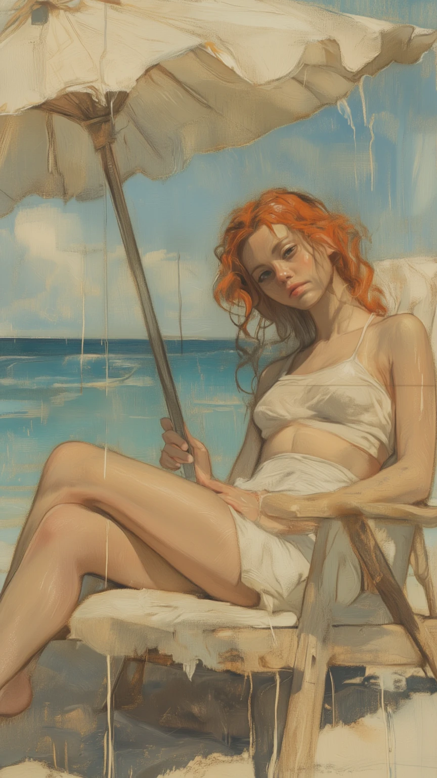 girl with long orange hair, very sexy, on the beach, sun, tropical beach,eroticism, sexy,oil painting, sensual, moody atmosphere, photorealistic, intricate details, masterpiece, ultra-detailed, high quality, 8k, best quality, realistic, cinematic, dark and brooding, expressionistic, powerful composition, emotional impact, Bill Sienkiewicz inspired art
