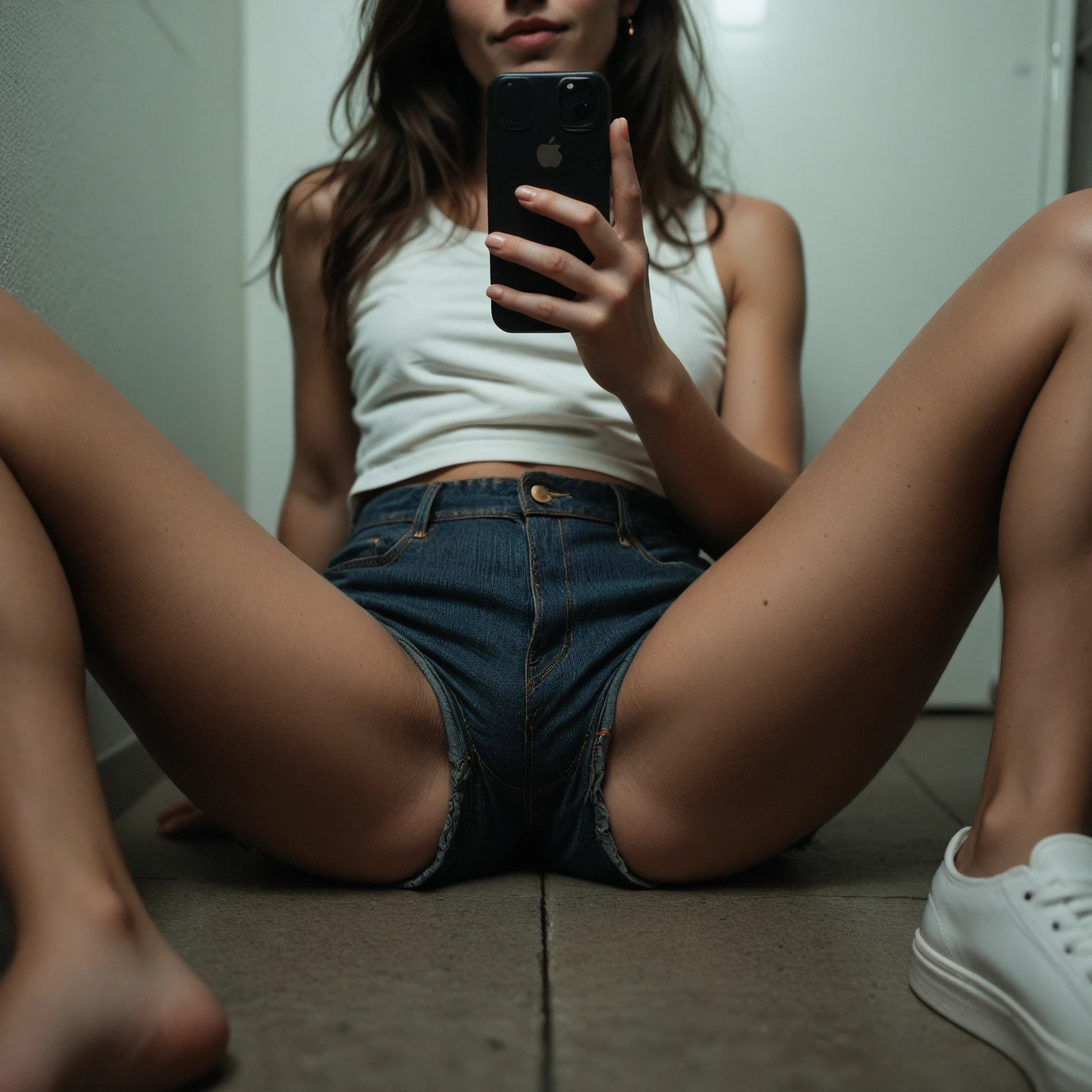 woman in pink dress squatting down on a brick sidewalk taking a picture, exposed thighs, pretty face with arms and legs, checking her phone, exposed thighs!!!, round thighs, checking her cell phone, juicy legs, hugging her knees, sexy look at the camera, special attention to posing, thighs, squatting pose, uhd candid photo of dirty