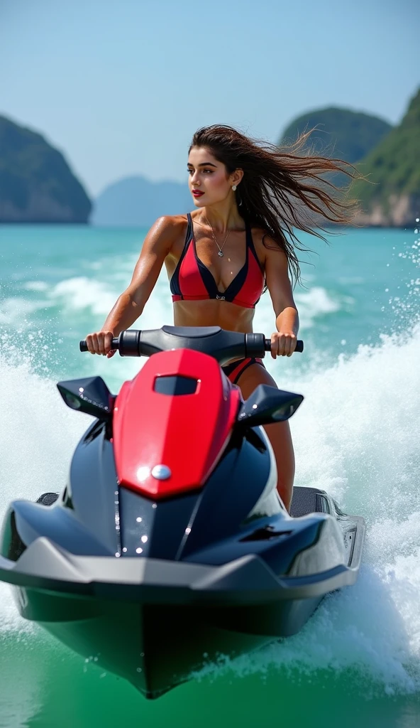 Ariana Grande, is beautiful, , wearing a bikini top and red shorts, riding a jet ski, with mountains in the distance