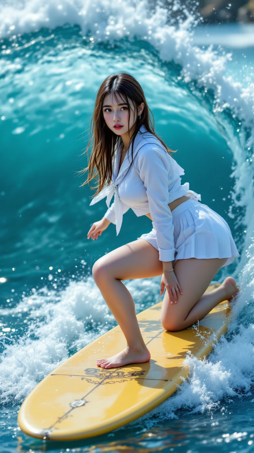 beautiful, sunlight, masterpiece, highest quality, (One girl), Japanese, 13yo, alone, smile, Embarrassed face, Pink lipstick, Red cheeks, Blue Ocean, best blue sky, White cloud, Small breasts, Cleavage, (japanese high school girl uniform:1.4), ((Soaked uniform)), Black Skirt, White lace underwear, ((pointed nipples)), Black-haired, Shortcuts, Hair blowing in the wind, Detailed face, Detailed eyes, (Wet Skin), (Wet Hair), High quality water, super settings, Sexy model posing, ((squat legs)), You can see the shape of, ((Angle from below)), Fisheye Lens, Ocean, High waves,