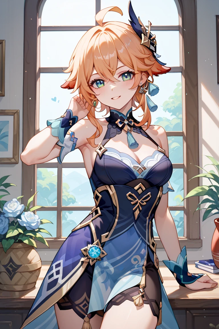 eleonora　girl with　masutepiece, ((hyper detailed background, Delicate pattern, intricate detailes)), (Highly detailed, Fine details), Best Quality, Beautiful lighting, ((medium breasts, Slim Girl))   student clothes　‎Classroom　schools　a smile