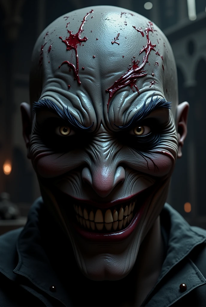"Coringa Viking , sorriso sinistro, blood tears, sombrio, qualidade excepcional, multiple facial scars, Batman que ri, armadura viking das trevas, gothic style."
