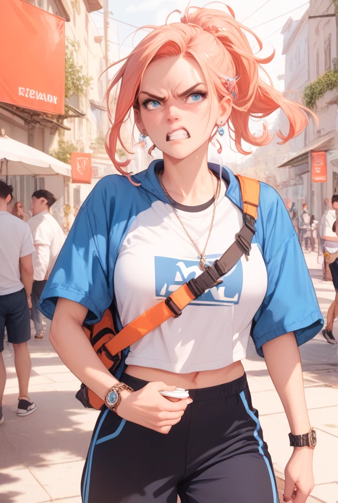 1 girl, green eyes, very Short hair, pink choker, lipstick, Shy, pink hair , tomboy Pixie haircut, femboy hooters, face portrait , flat chest, ponytail