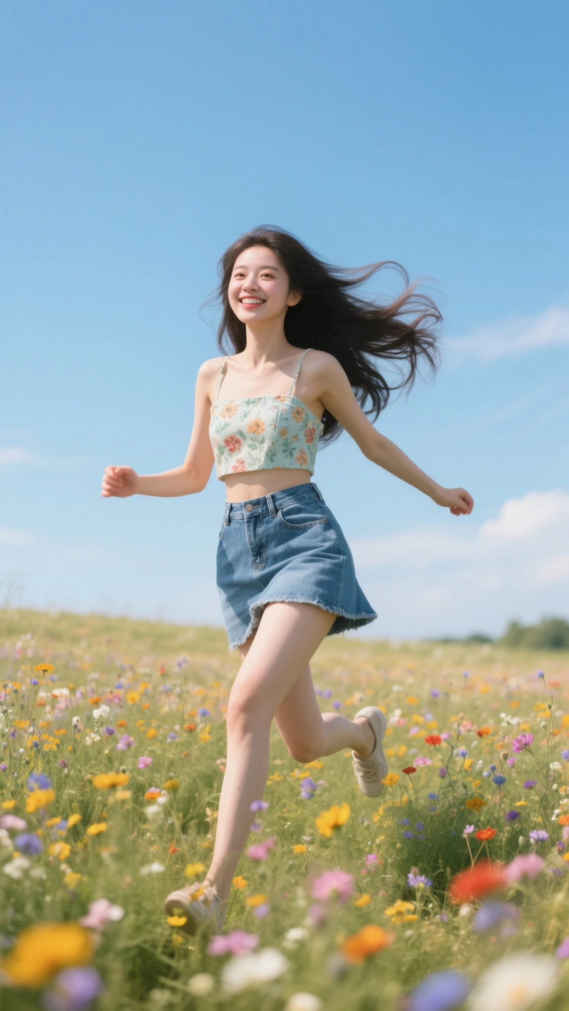 (Best Quality, 8k, 32k, Masterpiece, UHD: 1.2, Ray Tracing: 1.2, Real: 1.2), 1girl, Back to Viewer, Yellow Short Sleeves, Denim Shorts, Sneakers, (Running in Prairie: 1.3), Happy, Blue Sky, White Clouds, Meadow, Little Flower, (Full Body: 1.4), Ultra-Wide Lens