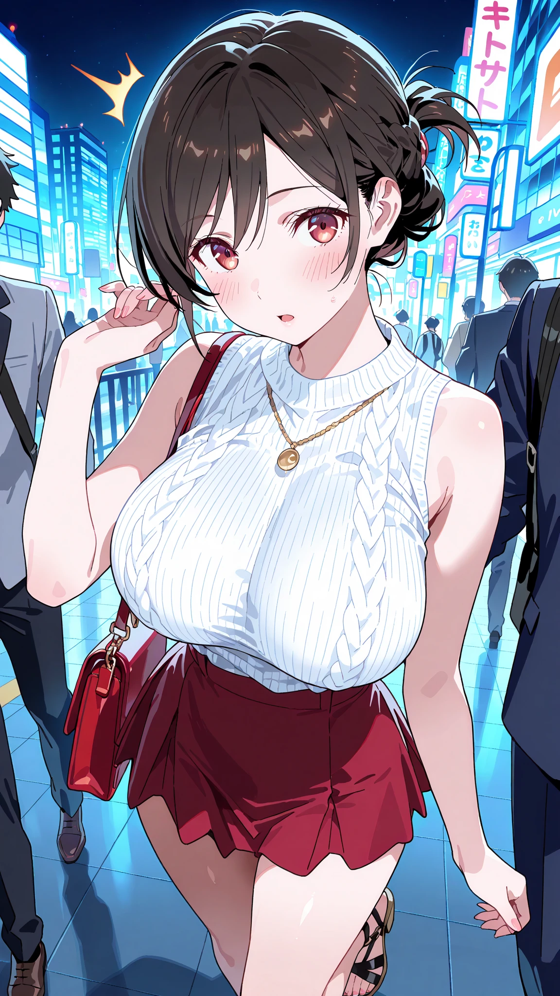 (masterpiece:1.2), best quality,PIXIV, Corporate girl,
1girl, skirt, breasts, jewelry, necklace, blush, bag, sweater, sleeveless, turtleneck, handbag, large breasts, looking at viewer, jacket, comic, bangs, solo, sleeveless sweater, short hair, bare shoulders, turtleneck sweater, high-waist skirt, off shoulder, medium hair <lora:Corporate girl-000016:1>