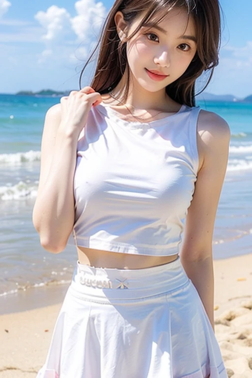 Tabletop, Highest quality, figure, Super detailed, In detail, High resolution, 8k wallpaper, Perfect full body composition, Beautiful attention to detail, maikurobiki、 Random cute hairstyles, Big ample breasts, Natural color lip,Beach, Random and cute poses,((Big smile)),((Moles on chest and face:1.1))、((Sweeping your hair up for a short cut))、((White underwear))、((Hide your face with a half-undressed T-shirt:1.2))
