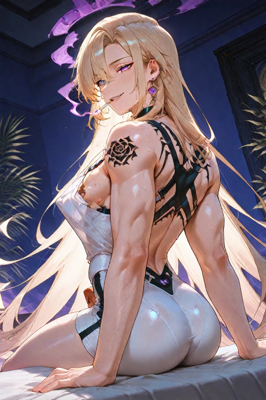 Very detailed、highest quality、Best image quality、masterpiece、8k、Sparkling Blue Eyes、Anime Face、A kind smile、Blonde curly hair、(SFW Giant)、(((Rear View)))、Cowboy Shot、Wearing a white T-back、Muscles of the whole body、Horn