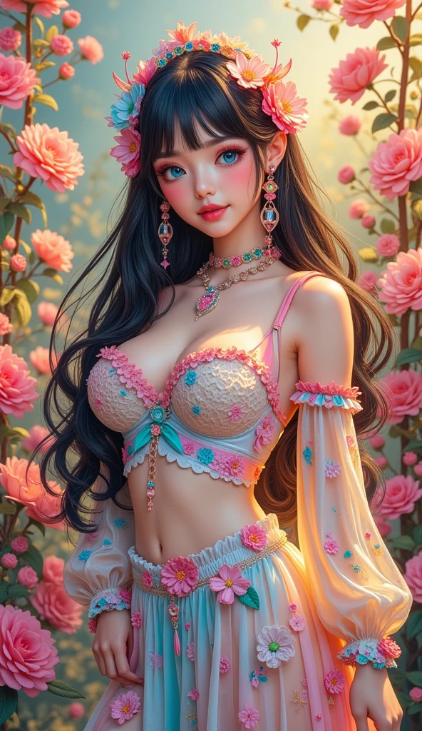 lisa frank art color, cuerpo completo, full body, senos grandes, nalgas grandes, mujer, multicolored long hair, multicolored aurora, art face by tom bagshaw, emile vernon style, fullbody dynamic movement pose, beautiful woman with long hair, gold jewellery, oil painting, fantasy, intricate, intricate stunning highly detailed girl by artgerm and edouard bisson, beautiful elegant, fantasy, flowers, forest, highly detailed, digital airbrush, photorealistic, octane render, black hair, black lips, gothic, rapunzel cabellos largos, cabellos largos dorados, cabellos largos color oro, pelo largo, digital painting, soft skin wide eyes watercolor, style, sketch, watercolor paiting, watercolor artist, portrait of a girl, vintage cartoon, ghibli, artgerm, wlop, alphonse mucha dynamic lighting hyperdetailed intricately detailed splash art trending on artstation triadic colors unreal engine 5 volumetric lighting, Transparent clothing, slight smile,, open legs, view of pubic hair, 1 sexy girl in transparent forest clothes,exposed breasts, open transparent t-shirt,mandala and flower tattoos, La mejor calidad,