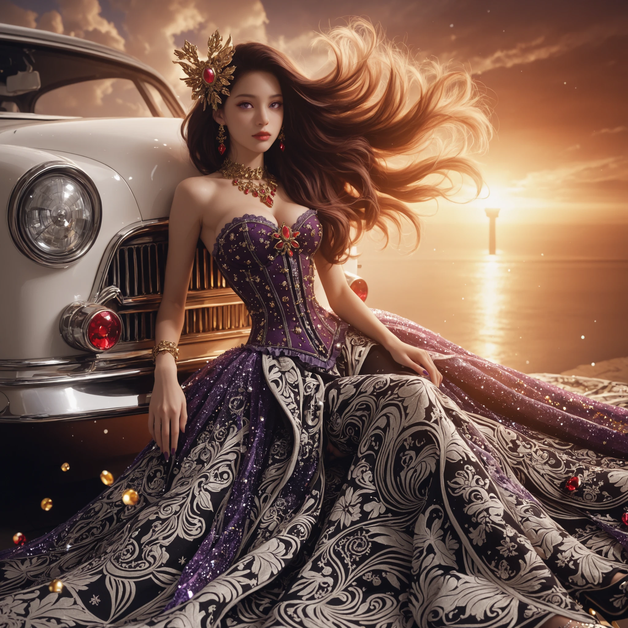 A beautiful white asian woman big breast with loose hair, standing on the stairs in the middle of a magical atmosphere, with a predominantly black and purple costume, a strapless armored corset-style dress decorated with bright red jewels, a short tutu skirt, black thigh-high stockingswith lace tops and ornaments purple jewels, high heels with gold decoration, grand staircase background under mysterious sky full of stars and celestial bodies, crystal detailed, hyper realistic, hyper detail Transparent clothing, Detailed gemstones, masterpiece, best quality:1.2),,(8k,highres,RAW photo,realistic,photo-realistic:1.3),(detailed skin texture,detailed cloth texture, beautiful detailed face:1.25),professional lighting,photon mapping,beautiful soft light,radiosity,physically-based rendering,raytracing, model shoot style, model shoot style, (extremely detailed CG unity 8k wallpaper), full shot body photo of the most beautiful artwork in the world (NSFW), (Nude), (Naked), (Nipple) (pussy) (small pussy) (exposed pussy) (Navel) (amazing background)