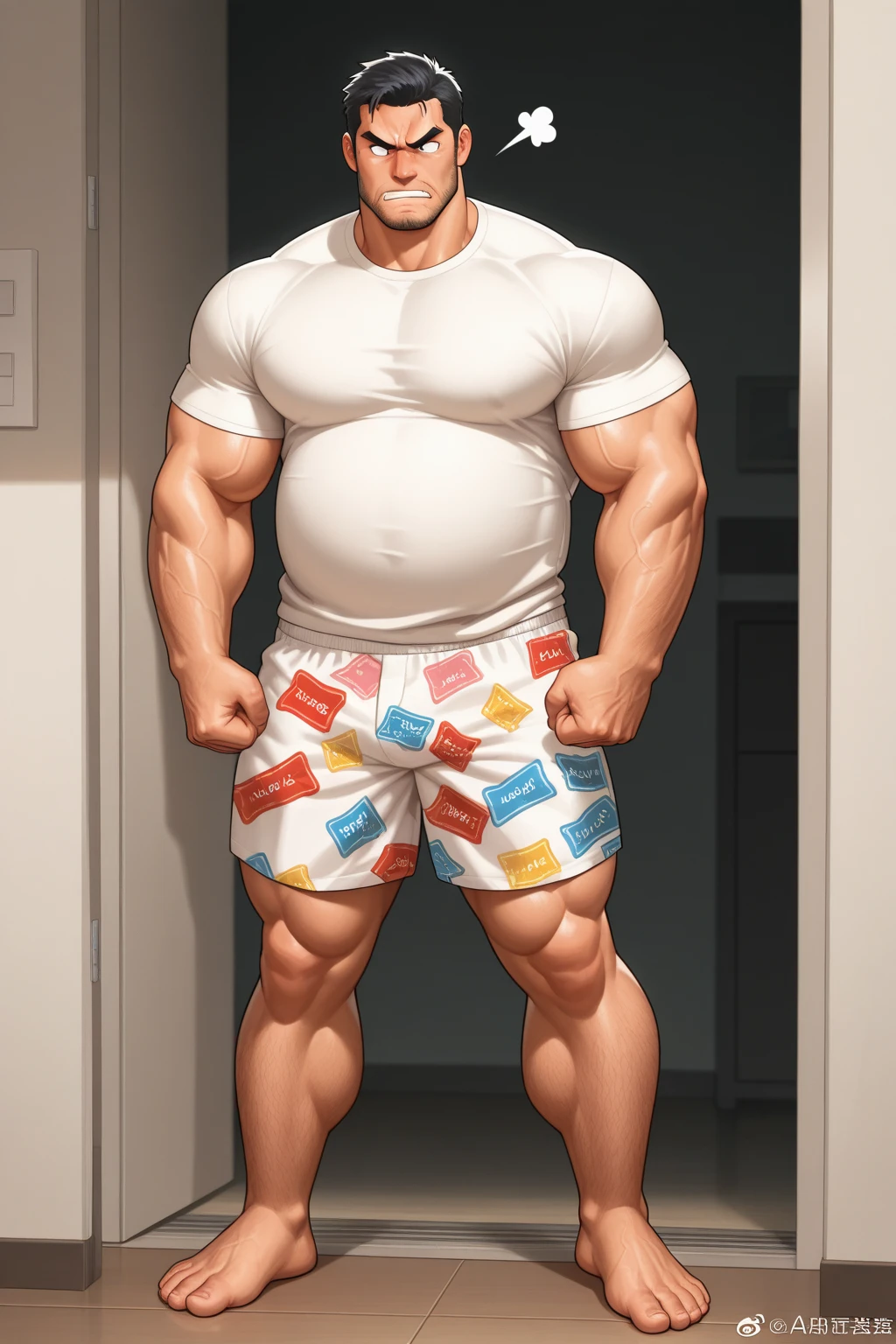 40 years old white Male, tall, giant body, handsome, dad bod, beefy, strong arms and legs, wide shoulders, a bit chubby muscle gut, a bit of fat but still very muscular, extremely hairy, a lot of body hair, short beard, wearing an untie black bathrobe with long sleeves, wearing a short black boxer brief, unrealistic oversized big bulge, barefoot, smirking, modern minimalist living room