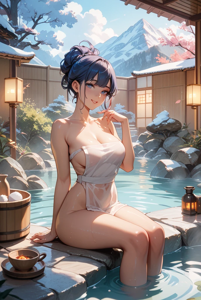 there is woman that is in onsen,(((A MILF: 1.4))), (Curvy:1.35),(((Dark skin))),Curvy physique,, Thick body，((big nipple)),((Completely naked)), (((breasts out of yukata))),((Transparent yukata)),opening legs,((pubic hair)), high-end onsen, Onsen, sakimichan, model in Japan，((Sexual suggestiveness)),