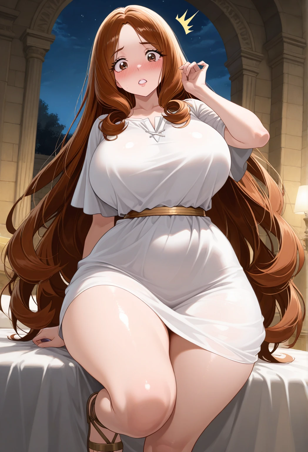 anya melfissa - hololive, 1girl, (((?????))), brown hair, very long hair, hair ornament, purple eyes, petite, (((?????))), thin lips, painted lips, shy smile face, pregnant belly, big belly, wide hips, thick thighs, huge round ass, enormous natural breasts, shiny oily breasts, white dress, full body, garden, nsfw