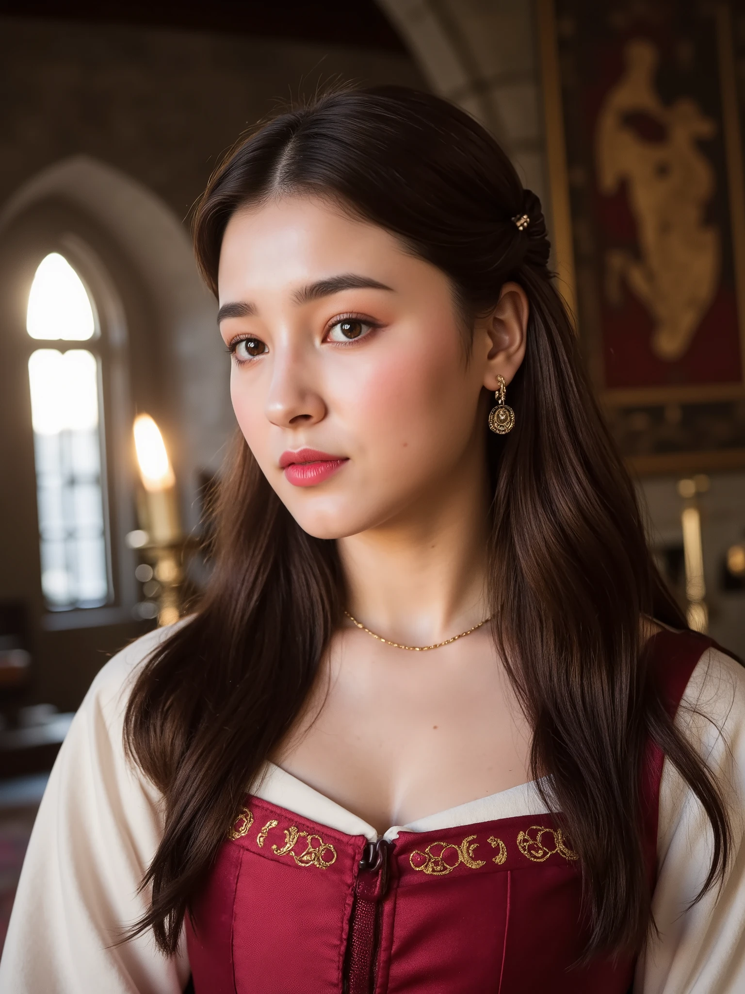 masterpiece, ultra detailed, photorealistic, best quality
beautiful medieval noblewoman portrait, Game of Thrones inspired: Character Features:
- striking feminine beauty
- perfect facial symmetry
- enchanting eyes with depth
- defined cheekbones
- naturally flushed lips
- flawless skin texture
- subtle freckles
- long flowing hair
- gentle facial expression
- aristocratic features
- elegant neck line
- graceful pose
- natural makeup look
- captivating gaze Refined Medieval Attire:
- elegant fitted bodice
- tasteful neckline
- intricate corset details
- flowing silk fabric
- delicate shoulder design
- detailed fabric texture
- house sigil embroidery
- gold thread accents
- feminine silhouette
- proper coverage
- premium materials
- period-accurate style
- subtle revealing elements
- graceful draping Noble Accessories:
- delicate golden jewelry
- family heirloom necklace
- intricate hair styling
- braided crown detail
- precious gem accents
- period-accurate pieces
- house symbol details
- fine metalwork
- elegant hairpins
- subtle adornments Atmospheric Background:
- castle chamber interior
- soft window lighting
- morning sun rays
- detailed stone walls
- rich tapestries
- medieval furnishings
- stained glass elements
- atmospheric dust
- castle architecture
- warm color palette Technical Excellence:
- perfect skin rendering
- ultra sharp details
- cinematic lighting
- shallow depth of field
- professional retouching
- perfect exposure
- dramatic shadows
- color grading
- premium finish
- ethereal atmosphere , ((Korean Woman)), ((Nancy))