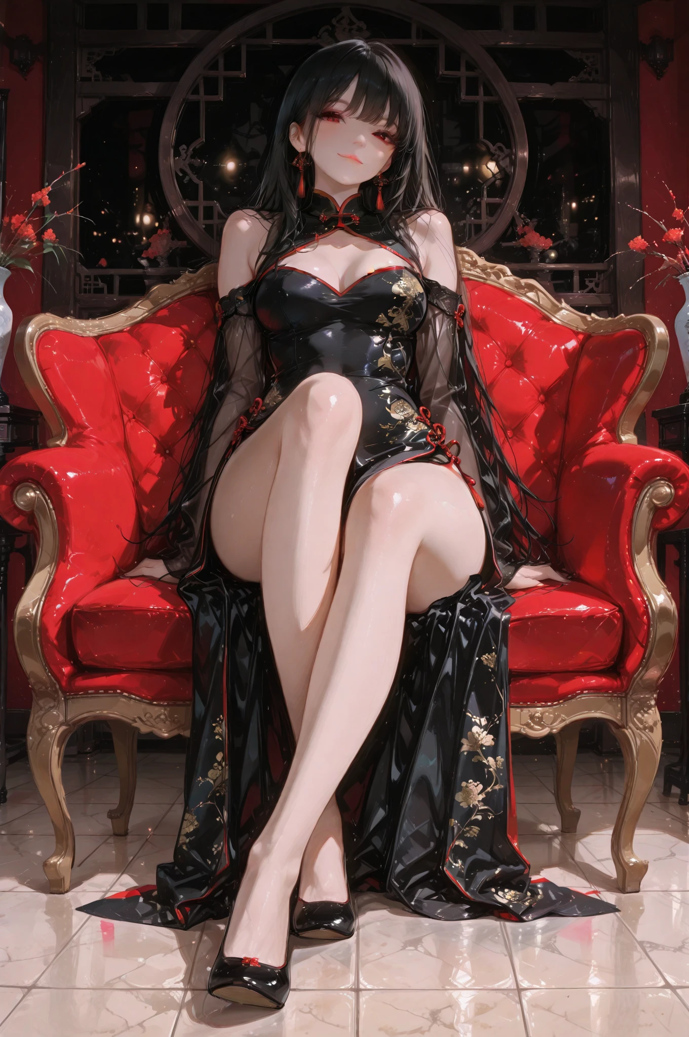 in style of Alexander McQueen
(1girl,character conceptual design),gravure_pose,knee_to_chest,sitting_backwards,lipstick,from below,feet out of frame,toe ring