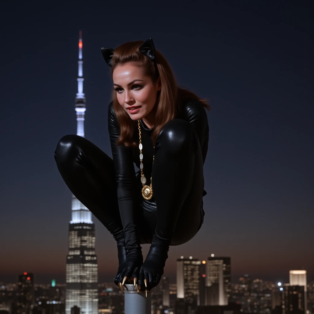 una elfa con piel de serpiente de cuero completo (la piel de serpiente). image of a superheroine with a fitness body and very tight snake skin that sticks to her muscles, gran detalle de texturas. peleando contra un billy, El fondo es la ciudad de Gotham.