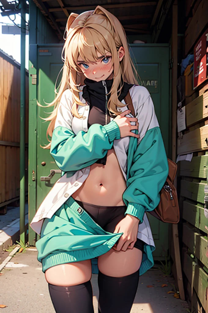 Browsing Caution,((Perfect Anatomy:1.5,Realistic,:1.3,RAW Photos:1.3,masterpiece、Highest quality、Ultra - High resolution、High resolution、Extremely detailed CG、8k)),Cowboy Shot,1 female,alone,20 year old beauty,(Beautiful and exquisite face and eyes,Big and beautiful eyes),Bright green eyes,(Blonde,ponytail,Long Hair,bangs),(Medium chest,Slender body,Small Head,skinny, Glowing Skin,Oily skin,Glowing Skin),Are standing,((Light green hooded sweatshirt,Oversized hooded sweatshirt,Long sleeve,black_Knee socks,White panties:1.2、Love Juice)),Station platform、A large number of people々、Shibuya Station、Tokyo、Cum on crotch、smile、Creampie