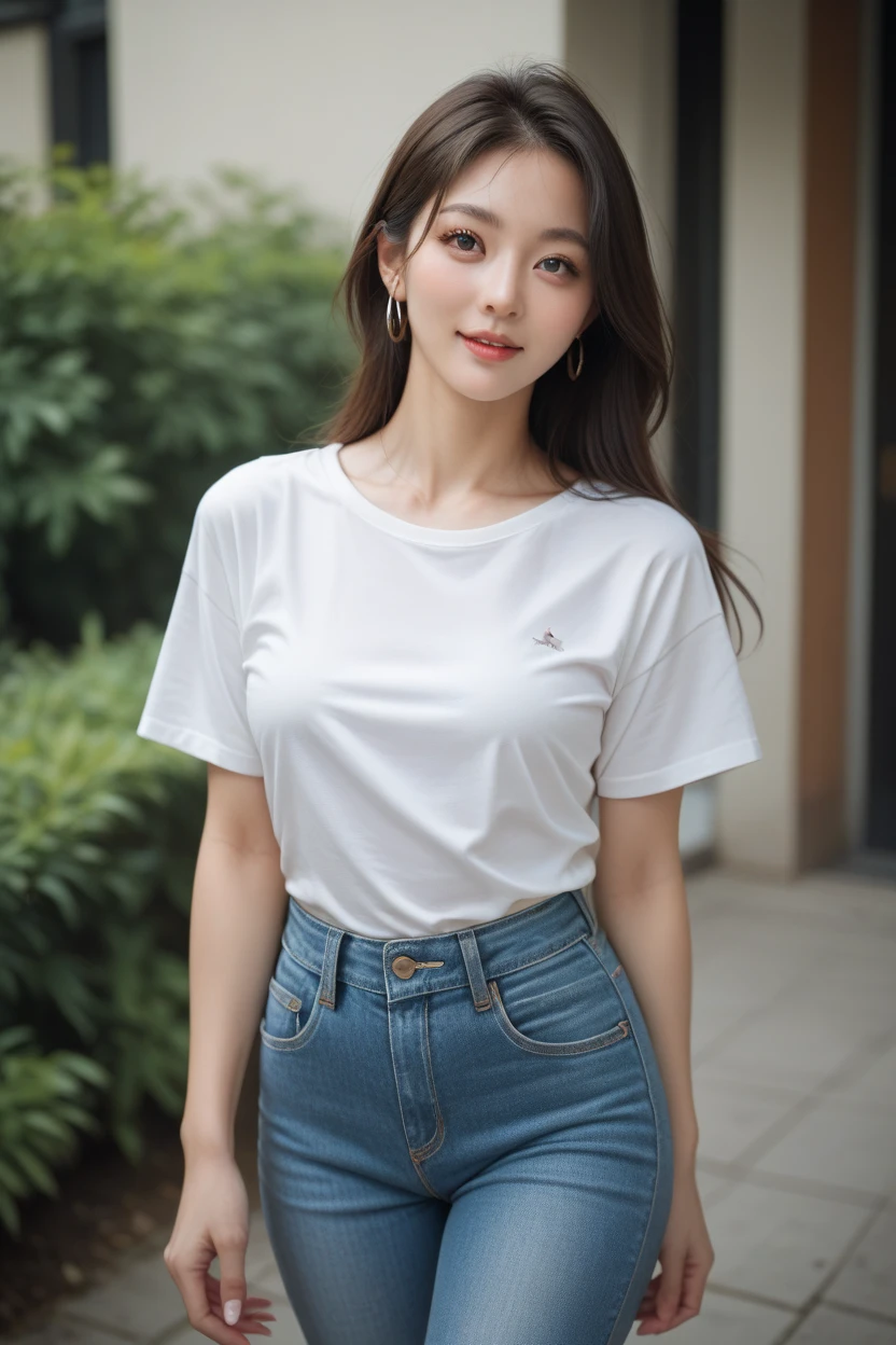 Gorgeus Girl, Beautiful, Baby Face, 1, White Skin, Beside, Sexy Pose, dark blue t-shirt, Blue Eye, Bokeh, front yard of the house Background, Masterpiece, Fullbody Shot, short pants, naked, Large Breasts:1.5