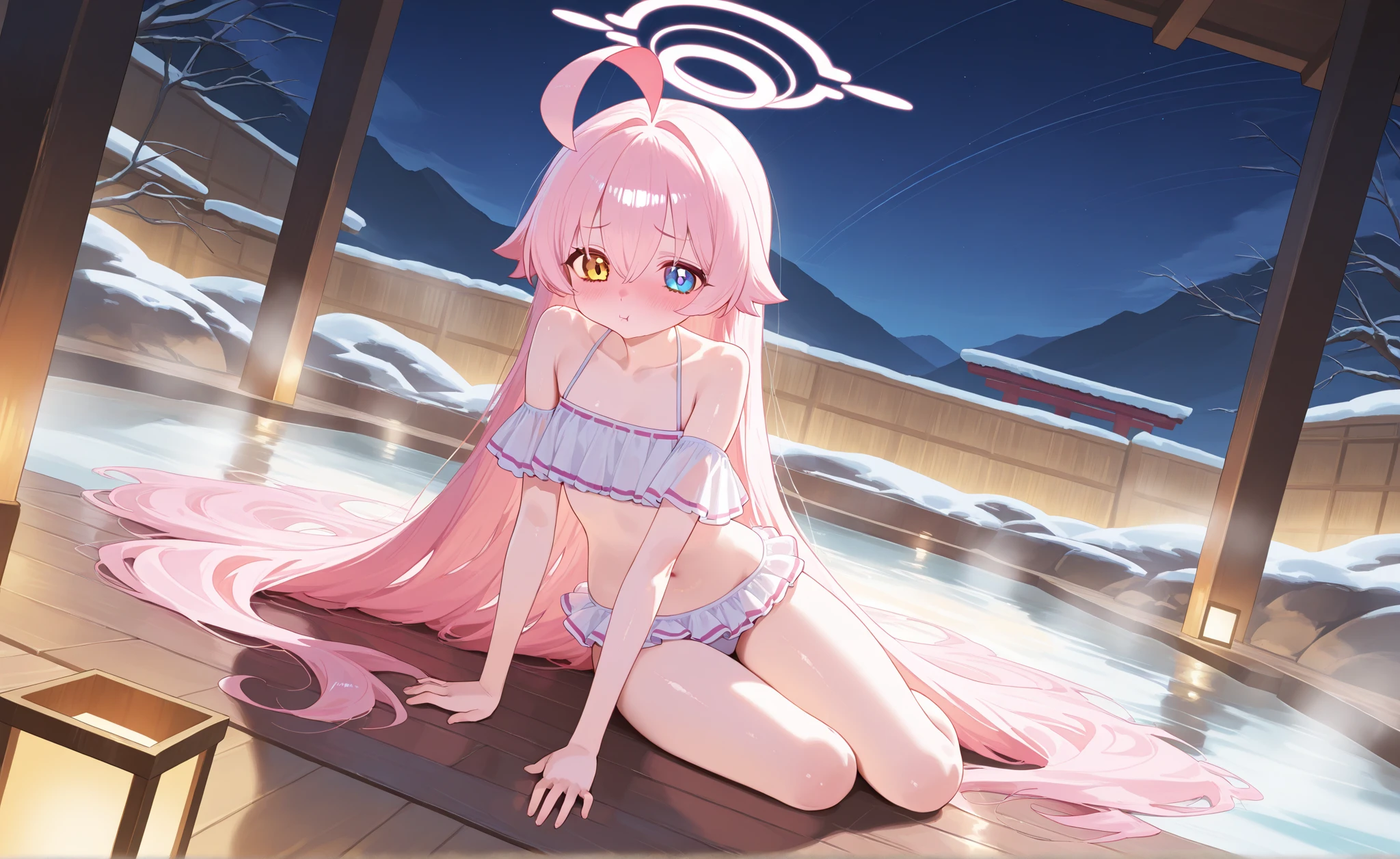 Himari Meimei, masterpiece, Voluptuous thighs, petit body, little young girl, flat chest, {1 Girl}, Cute and erotic smile, Highly detailed sparkling blue eyes, summer night, 困り眉, brilliant pink hair, lying on beach bed, completely nude, nsfw, spread legs wide, showing off childish pink vagina