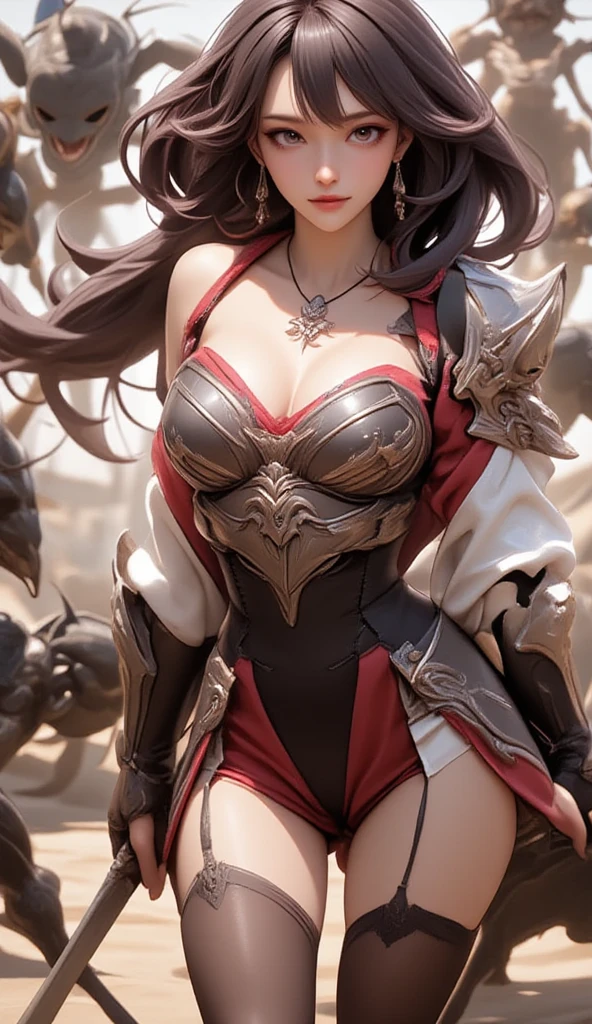 Beautiful woman with long black hair, dark skin, red eyes, black armor,cleavage,Iron skirt,Bare Legs,((best quality)), ((masterpiece)), (detailed:1.4), Anime style,Wield a giant axe,City