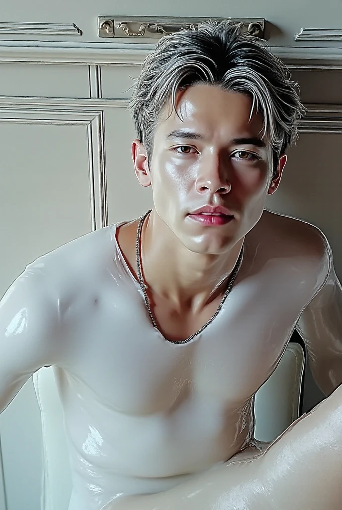 Shirtless muscular man with white hair and water-colored eyes, lifted arms, wearing thong, sitting, spread legs, hairless underarms,