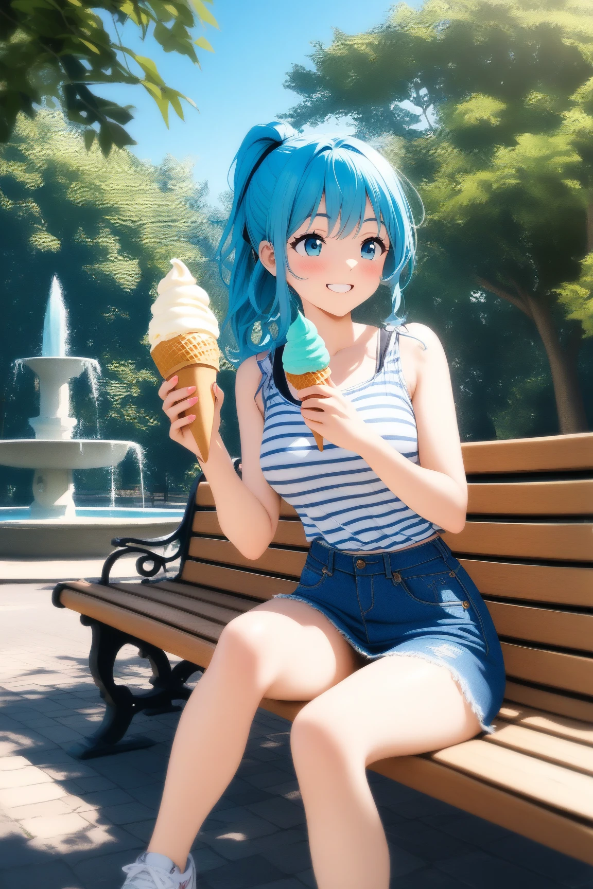 1girl, young, cute, (oily skin), (shiny body), (slender, lean, thin legs), blue shortpants, croptop, low-cut, large breasts, green and blue hair, (gradient hair:1.25), sitting on a bench, ((eating donuts)), donuts bag, natural park