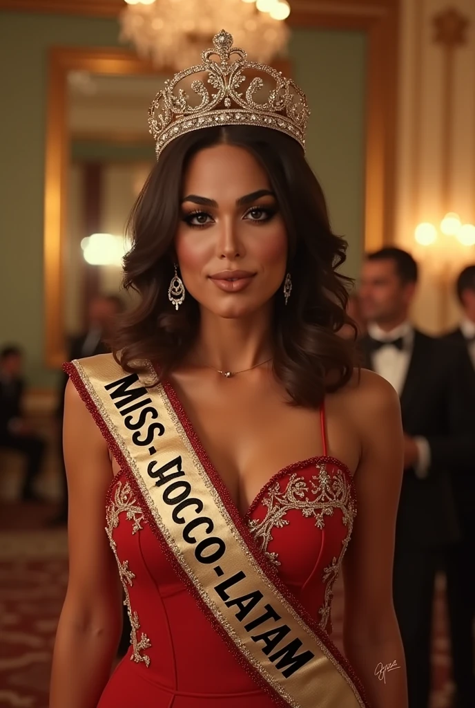 a woman posing for a picture, arabic goddess, traditional beauty, arabic, beautiful goddess, middle eastern girl, arabic super model, beautiful, gorgeous woman, middle eastern with long, sweet shy arabic, gorgeous beautiful woman, Arabian aesthetic, beautiful middle eastern girl, extremely detailed goddess shot, jaw-dropping beauty, big boobs deep cleavage, wearing crown, being crowned at a beauty contest, wearing a beauty queen sash, behind her a miss universe stage, being given title of miss universe, wearing beautiful dress, getting crown for miss universe, purple dress, spotlights behind her, audience behind her on a side, wearing red dress, tight dress, beautiful queen dress