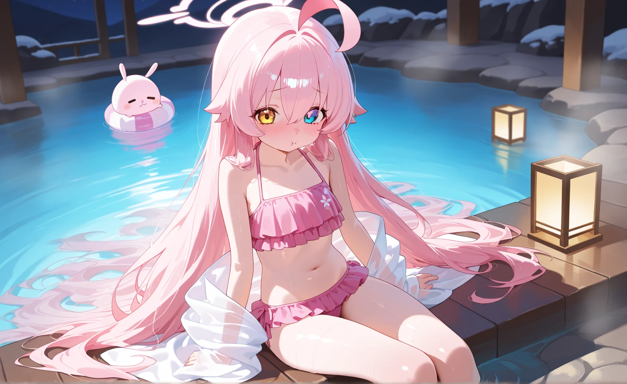 masterpiece,highest quality, Very detailed, High resolution, expensive resolution, High resolution, 4K, 8k, unity 8k wallpaper, Very detailed CG, masterpiece, Photorealistic, 2D, 3D, Beautiful details, depth, Fine texture , Super quality: 1.3, Fully focused, Crispy.skin, .he,
Very cute anime girl with Pink semi-long hair wearing expensive , One Girl, smile、alone, Pink semi-long hair,  Bunny ears, White frill swimsuit、whole body、Pool、Mole under the eye, looking at the viewer , expensive , blush, Mole, Bunny ears, Lips parted, hair ornaments, heart, Pink Eyes, choker
