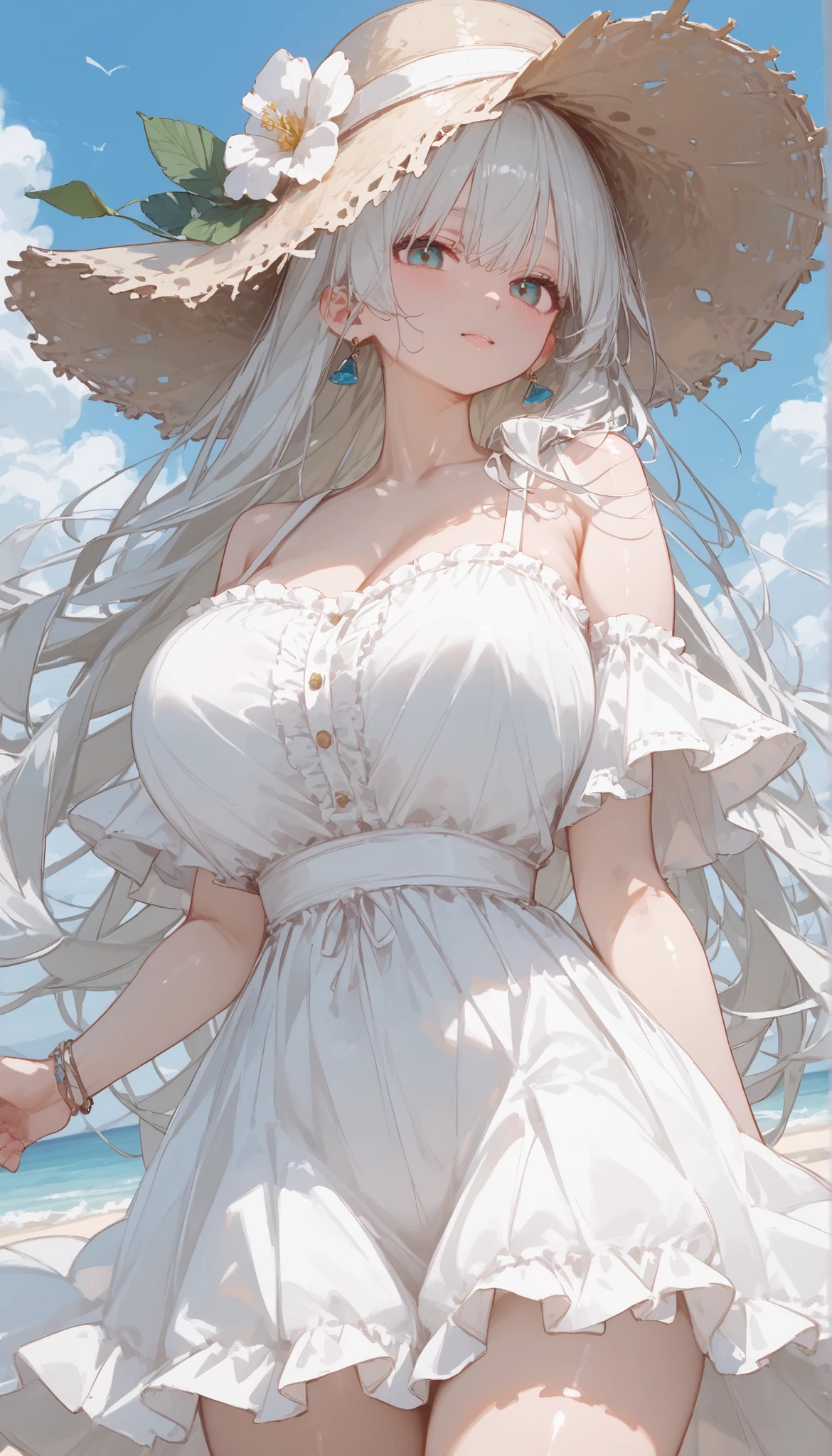 anime - style image of a woman in a dress and hat on the beach, loli in dress, , succubus in sundress portrait, full body portrait of a short!, with straw hat, commission for high res, cute anime waifu in a nice dress, flat anime style shading, thicc, oc commission, full body!