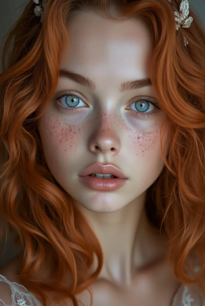 ultra-realistic, slender girl on her back looking over her shoulders, 20 years old, green eyes, detailed facial features, high resolution masterpieces, short curly red hair, fair skin, full body, thin thighs, small breasts, slender buttocks, detailed and defined eyes with eyeliner, thong, no bra, thic, 3d render character art, 8k, realistic character concept, unreal 3d engine, detailed