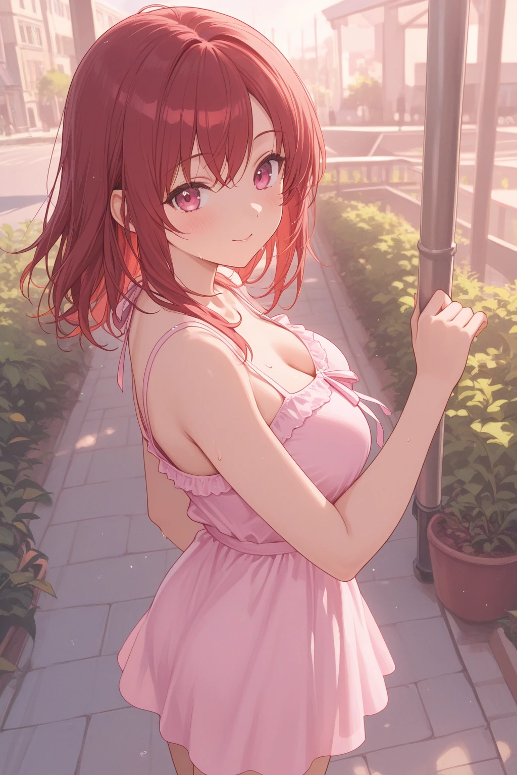 1girl, natural lighting, masterpiece, highly detailed, illustration, game CG, absurdres, high quality, aichan, large breasts, beautiful detailed eyes, medium bright pink hair, ponytail, bangs, glossy lips, blush, garden, minidress, frilly skirt, lace panties, from behind, looking back at viewer