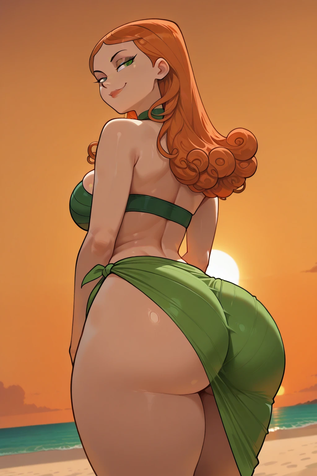 masterpiece, best quality,1girl, ((young girl)), ((large round magical green eyes)), shiny skin, (thin waist), ( long hair, very curlly, long red hair), ((curvy)), ((wide hips)), ((hoop earrings)), ((very small boobs)) , ((( yellow full Swimsuit))), hot, soft natural lighting, reflections, bright illuminations, big ass