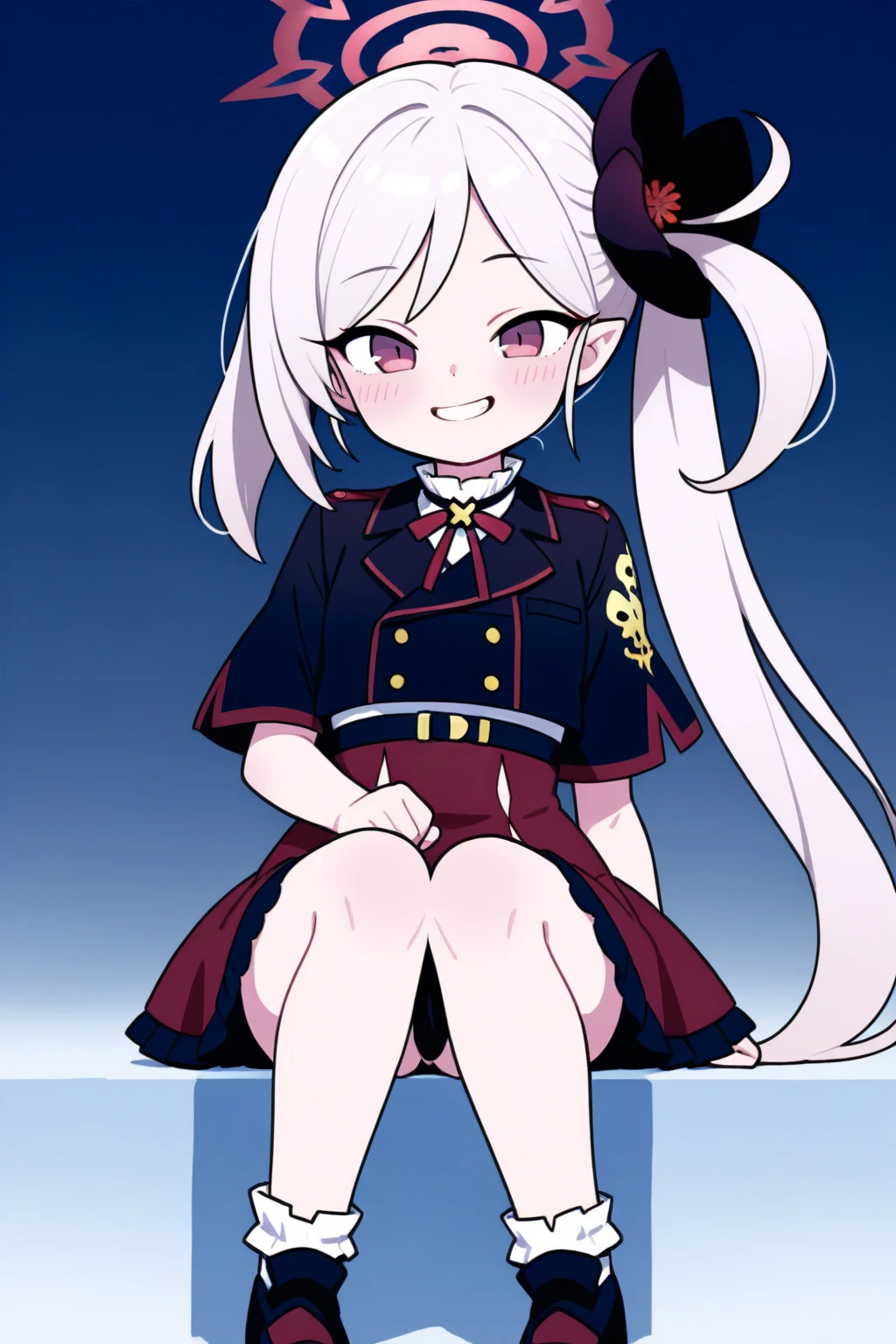 NSFW, Mutsuki, Mutsuki_Blue_Archive, long hair, white hair, playful, smug, sweaty, bright smile, flat breasts, small breasts, dress, red dress, teasing, giggle, upskirt, lifting dress, no panties, cunny, pussy, sticky