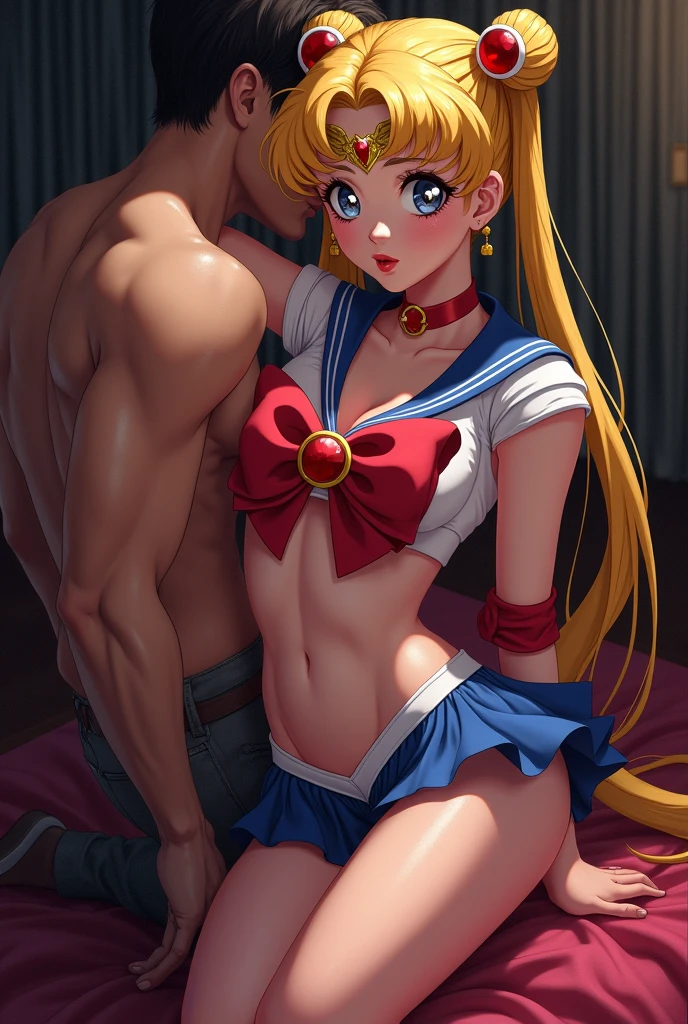 ((Highest quality)), ((masterpiece)), (detailed), (Perfect Face)、A woman is having sex with a man, embracing him and inserting his penis into her vagina and ejaculating into her.、The woman is nude, wearing a red veil and a red see-through cape, as well as a gorgeous hair ornament and gorgeous jeweled accessories.、The woman is the elegant Tsukino Usagi, with long blonde hair in a chignon twin tail.、A man and a woman are naked and having sex on a luxurious bed