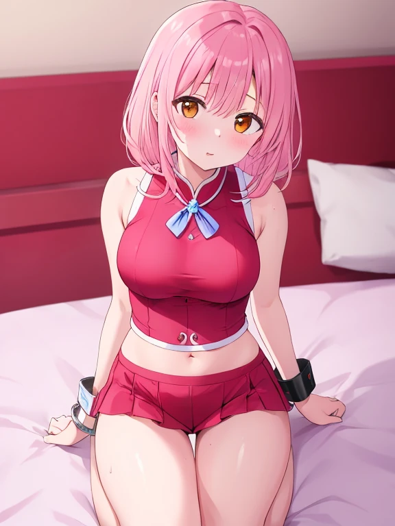 1girl in, Solo, (masutepiece, Best Quality:1.2), Realistic, hyper realisitic, Official, Detailed face, Face Focus, Mature Women, A MILF, chubby, cleavage, Blake Honoka, Pink hair, Hair Ornament, coverd nippple,Sit down、Spread your legs、(White panties that bite into:1.4)、Show off、(high-school uniform)、(Dark blue pleated skirt)、(Wear black socks)、hotel、On a hotel bed、moody expression、