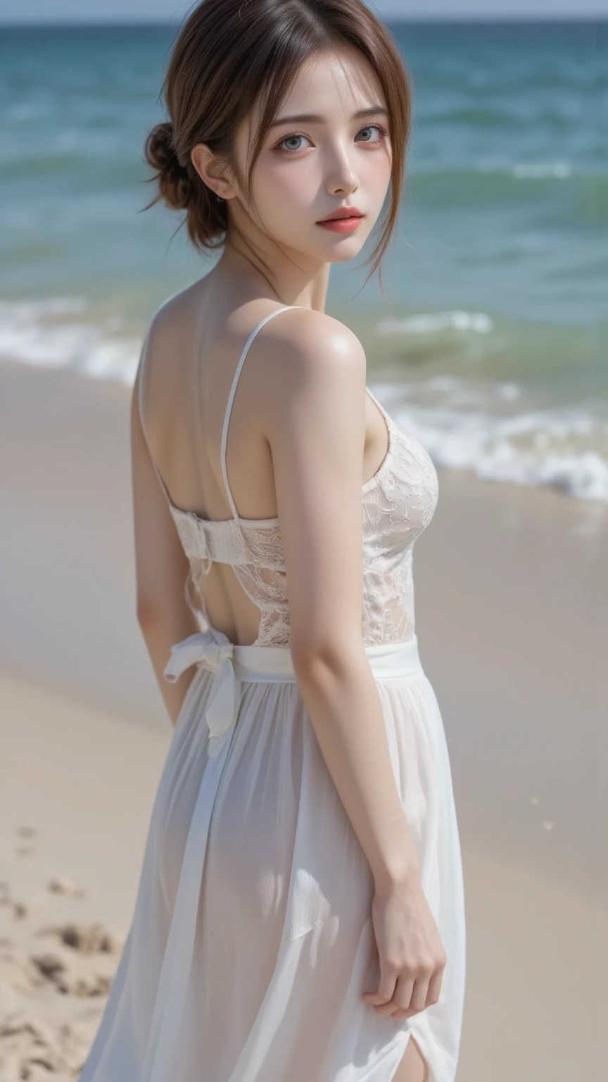 Mustepiece, top quality, illustration, ultra-definition, fine details, high resolution, 8K wallpaper, perfect dynamic composition, beautiful detailed eyes, wearing a dress, natural color lips, beach, random cute pose, perfect and beautiful face , cute, sexy face, sunset, feminine face