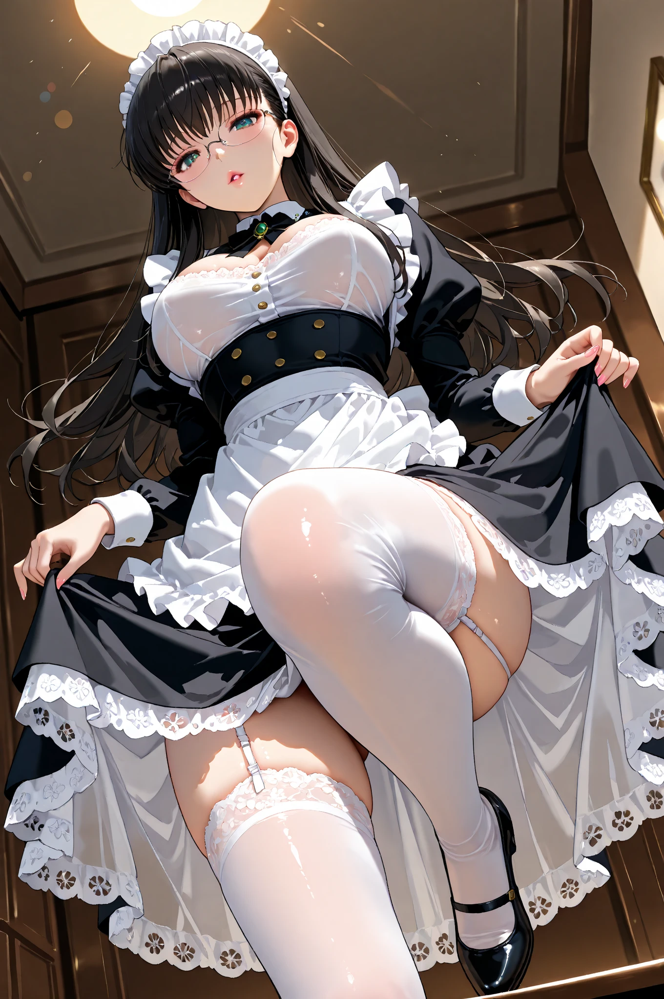 ((highest quality, High resolution, Perfect Pixel, 4K))), 1 female, Beautiful woman、I could see the whole body、apartment、 ((Twin tails, bangs, Brown Hair)), ((Brown eyes, Beautiful eyelashes, Realistic eyes)), ((Detailed face, blush:1.2))、((Smooth texture:0.75, Realistic texture:0.65, Realistic:1.1, Anime CG Style)), Beautiful Anime Women, Beautiful art style, Anime characters,Beautiful and big breasts, Perfect body, Slender body, Beautiful thighs, (Erect nipples:0.98), )((black and white maid outfit、ribbon on collar、Long skirt、garter belt、Knee socks)), Embarrassed smile、Kneel with your knees closed、(Skirt flip:1.2), ((Stylish white satin side-tie panties with lavish embellishments:1.3), (White panties with black lace on white fabric)), diagonal side angle, Dynamic Angle, Sexy pose、Perfect Anatomy, Exact number of arms, Exact number of hands