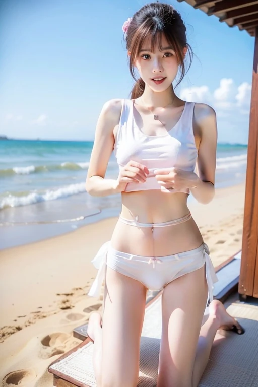 best resolution,Wearing a white hoodie blowing in the wind in the clear blue sea、woman wearing thong panties、Looking up from below, panties and ass visible, standing on the waves。her hair is long、shine white、cute hairstyle