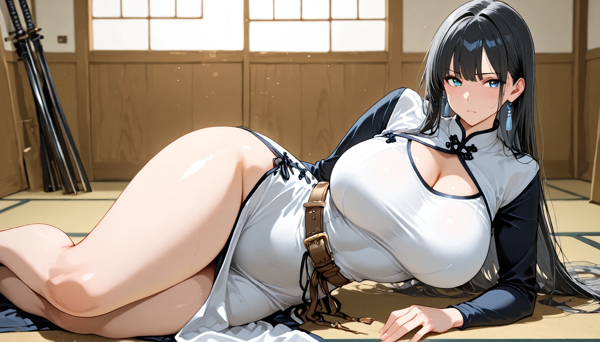 (huge breasts), bare shoulder, ((masterpiece)), ((best quality)), cute girl, long hair, Japanese dress, standing lying forward, underwear