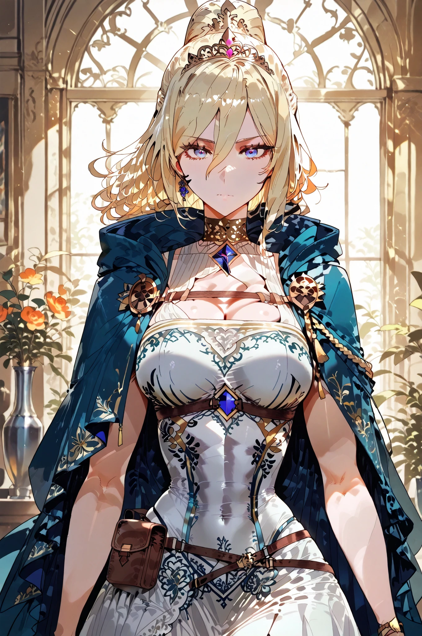 Shokolade, jormugand Shokolade, athletic toned body, wears a blue sensual royal dress and a tiara ,a cloak that drapes over giving off a fantasy vibe. Straps and belts wrap around the chest and waist securing a pouch at their side. The chest area of the garment is notably worn and frayed, color palette adds depth to the scene, evoking a sense of sensuality and fantasy