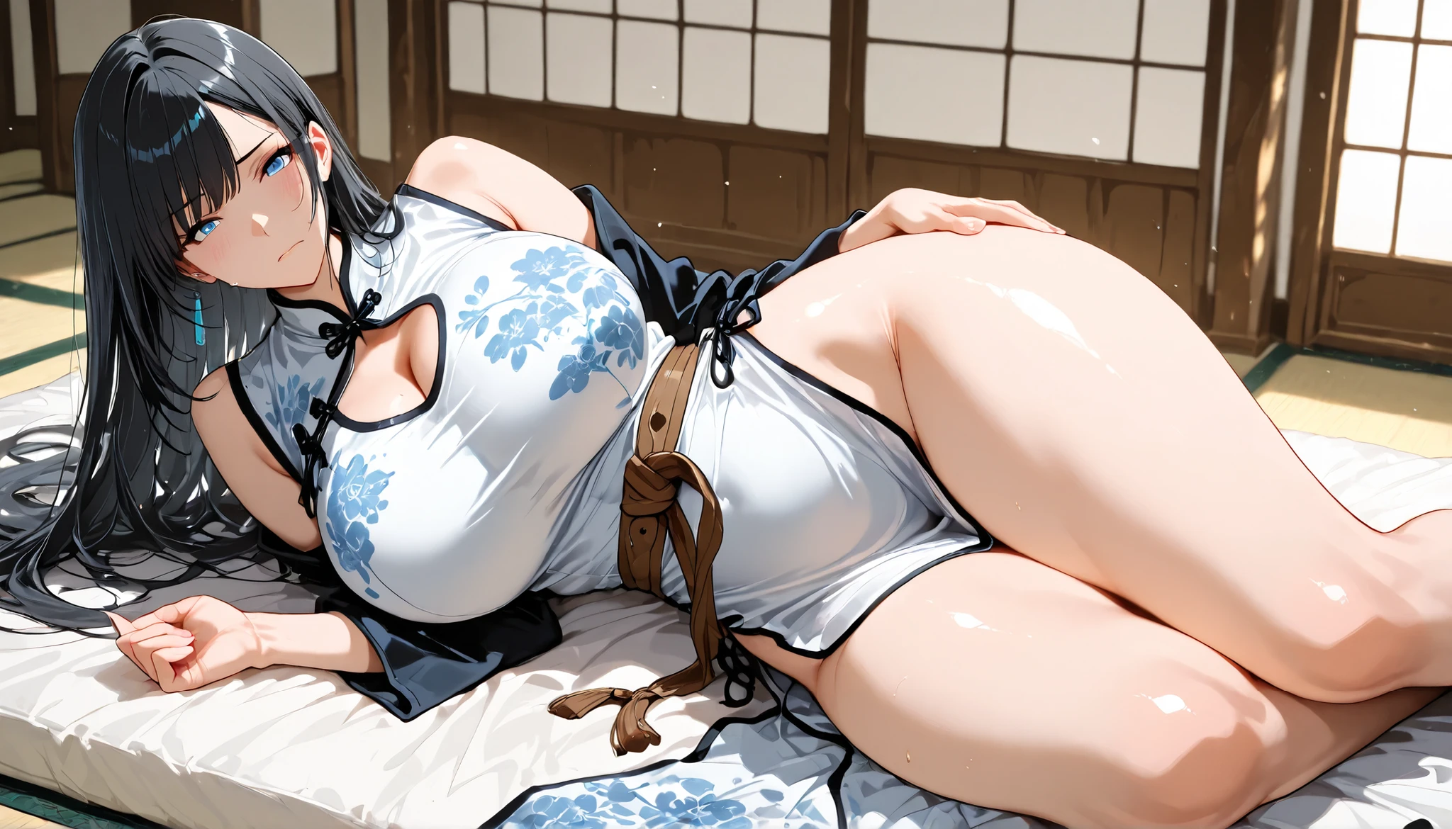 Score_9, score_8_up, score_7_up, score_6_up, score_5_up, score_4_up, source_anime, solo, 1girl, makeup, whore, prostitute, cute Mature female, sagging huge breasts, wide hips, thick thighs, BREAK Tomoe gozen, French twist updo hair, beautiful kimono, bare shoulder, huge areolae, areola slip, black areolae, earrings, sideview, brown eyes, long eyelashes, looking at viewer, lying on bed, indoor, in ryokan inn, Japanese style inn, bracelet, seductive smile, collarbone, head tilt, hairy stomach hair, showing hairy armpit hair, sweating, hands behind the head, dark hair, bukkake on armpit, hentai, Japanese, cum shot penis, spreading legs,