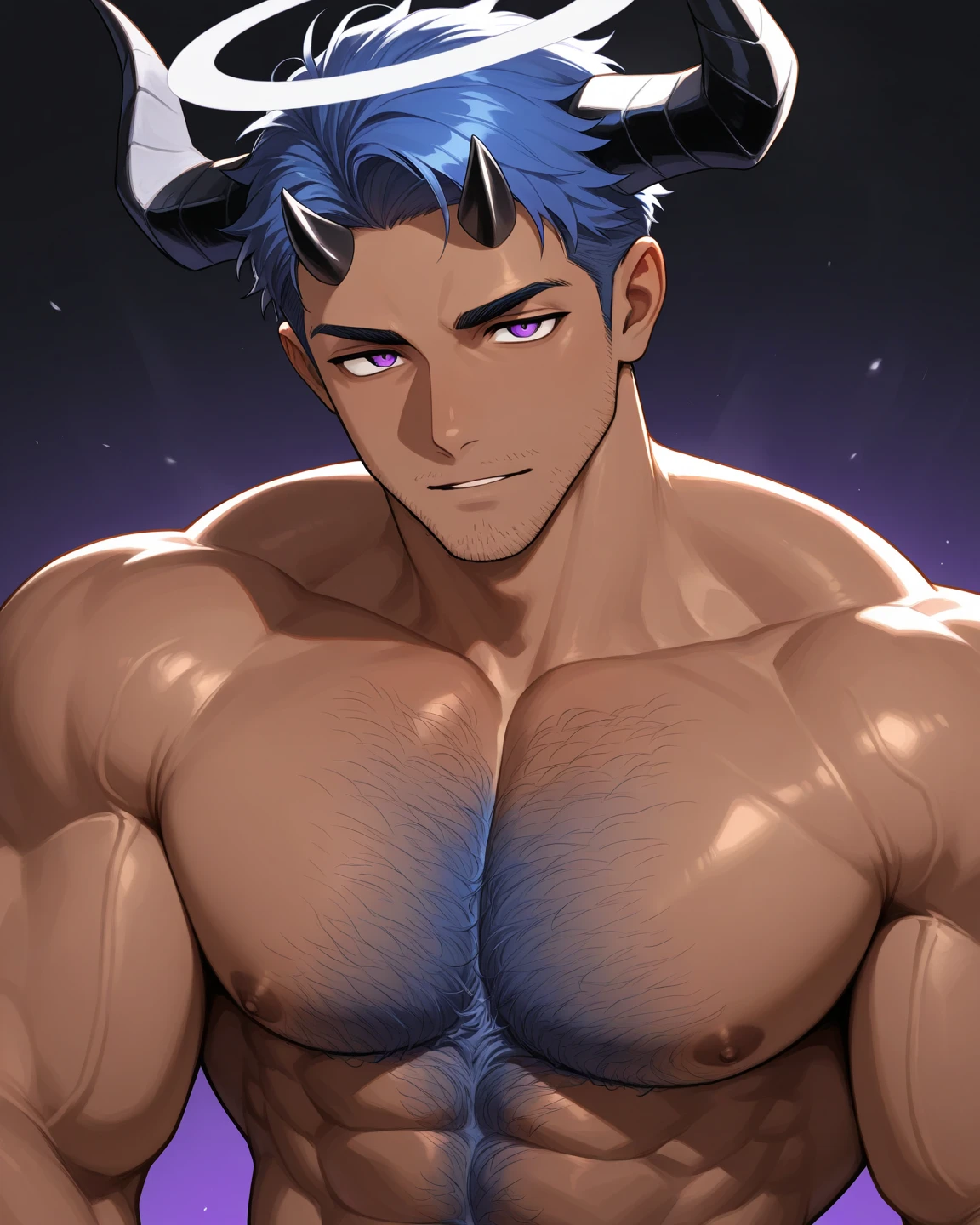 Handsome male, purple hair, short hair, wavy hair, detailed body, detailed hands, horns, expressionless, arrogant expression, red eyes, roman nose, almond eyes, baggy T-shirt, black shirt, blue denim jeans, cocky, nightfall, starry sky, handsome, bushy brows, pointy ears, ear piercings, rings, good looking, black coat, tattoos, dark skin, brown skin, charming, good quality, long hair, huge bulge in pants, veiny arms and hands, black denim jeans, manly