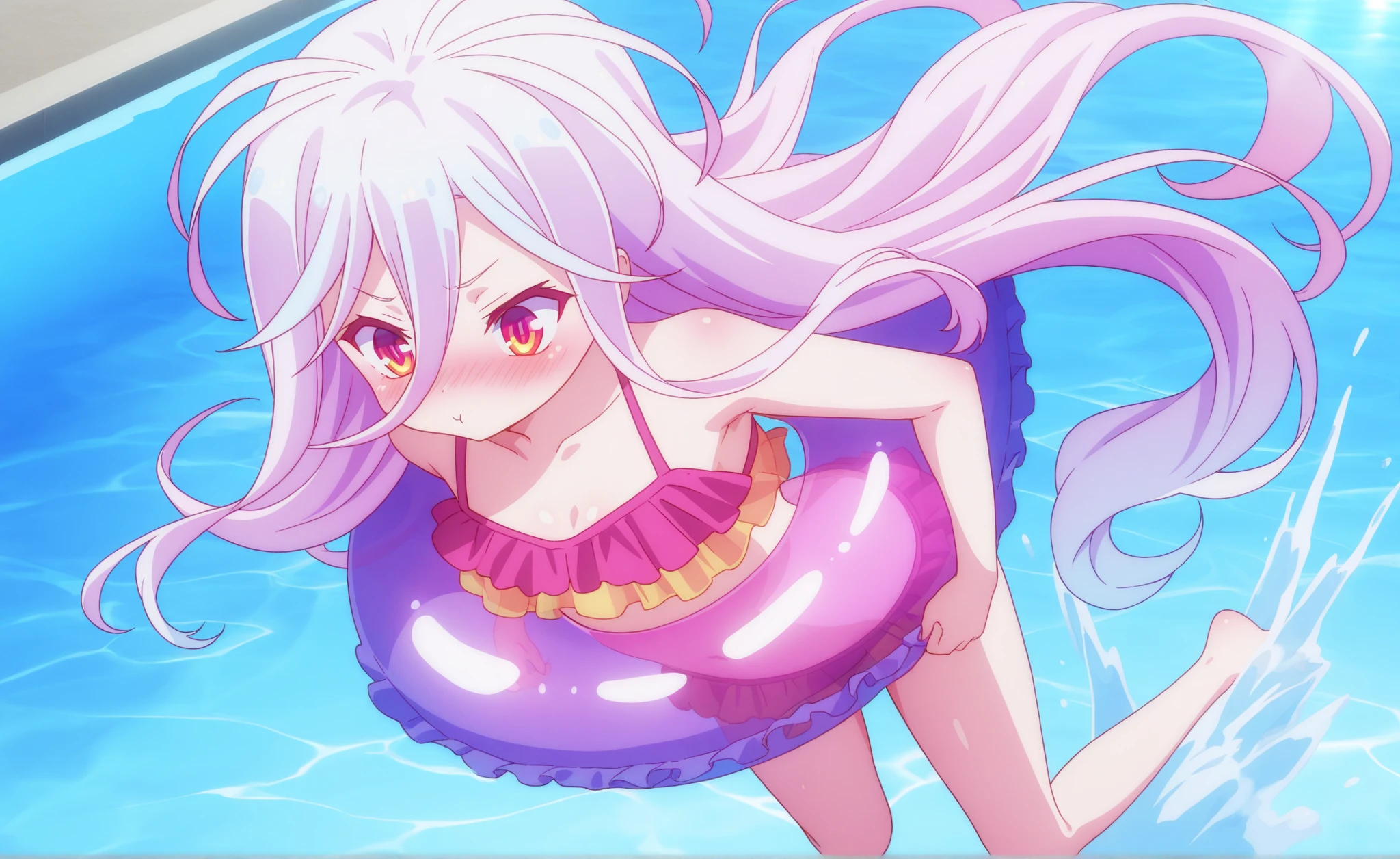 1girl, white hair, long hair, red eyes, cute face, cute, white clothing, revealing, big chest, bra, bikini, mermaid, tail, mermaid, water, smile, big eyes, soft, cute
