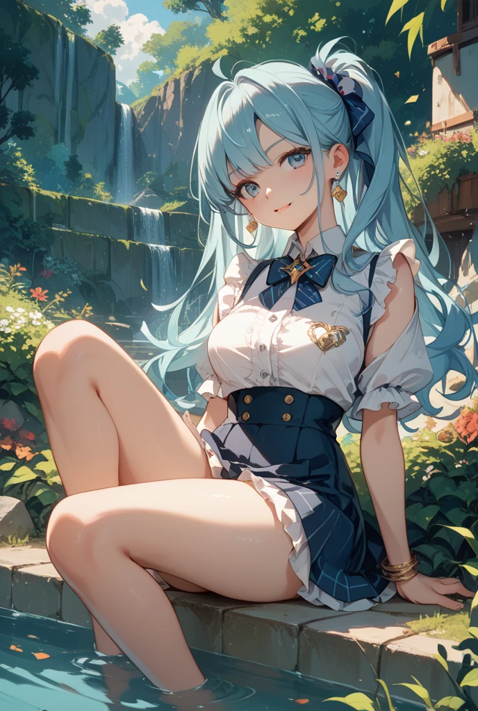 Anime Moe Art Style,highest quality,High resolution,Anatomically correct,One Girl,Mid-teens,A girl with light blue hair in a ponytail,Super detailed,Fantasy World,Sleeveless blouse,mini skirt,Big Breasts,Nap,Outdoor,Shade,Eyes drawn in detail,hair ornaments,necklace,bracelet,8K