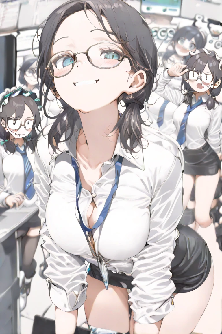masterpiece, Highest quality, so beautiful, Absurd,
One girl, alone, Black Hair, Bobcut,
Thermont 16A, Glasses,
Collared shirt, Flared long skirt、Happy, smile, Sticking out tongue、Armpit Hair、Hair growing under the arms、She is raising her arms to show her armpits to the camera、View your viewers, White Background, Simple Background,The subject's entire body is captured、NSFW、One girl, alone,