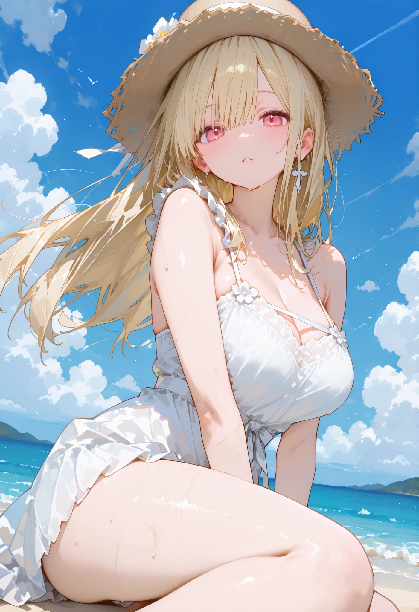 (Masterpiece, Top quality:1.5), nsfw, (dynamic angle:1.2), (1 beautiful girl, solo:1.2), sitting, (Blonde:1.3), medium Hair, wavy Hair, asymmetry bangs, swept bangs, airy hair, large breasts:1.2, 14 year old, (sundress:1.3), smile:1.3, blush, beautiful scene of seaside, magnificent panorama view, blurry background ,open mouth