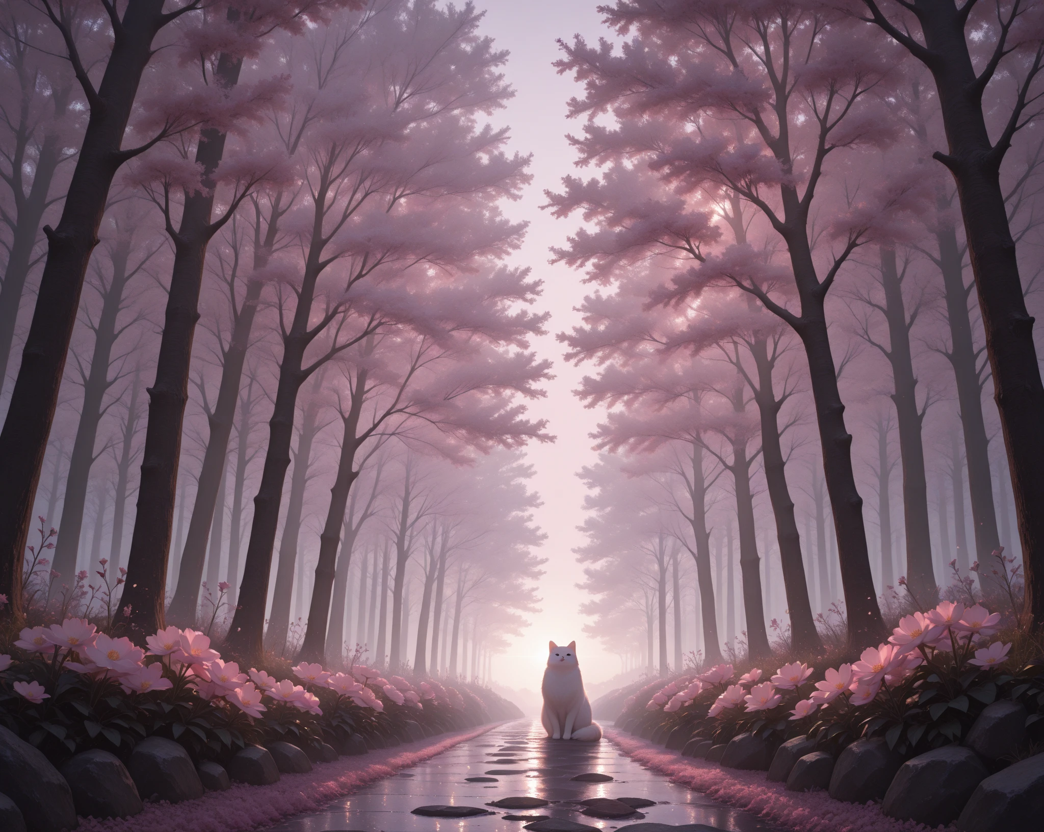 (highest quality, 32K resolution, high resolution, super detailed, realistic, finely drawn details), Unreal Engine 5, Tokyo lighting, romantic motifs, rose creation portal, majestic background, floral environment, beautiful landscape, flower bed on the ground, Aesthetic wallpaper, e-commerce live room background, ultra-realistic rendering, exquisite composition, stunning wallpapers, stunning images, aesthetic wallpaper, red background, red reflection, C4D rendering, top quality, photo raw "Pure white cherry blossoms, pure white background, pink cherry blossoms, bright cherry blossoms, ((1child)), ((wolf)), ((furry)), ((tail)), ((walking forward)), ((pink fur)), ((black suit)), ((black pants)), ((blue sky))