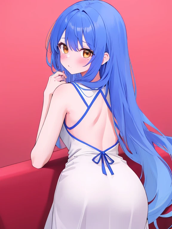 highres, masterpiece, 1girl, eye contact, stare, smile, grin, standing, skin blush, blue hair, long hair, blue eyes, gradient eyes, simple background, ribs, shiny skin, blush lines, sketch lines, sketch, cover art, magazine cover,
ass focus, from behind, butt focus, white cotton panties,
<lora:homebrew_ngnd:1>,